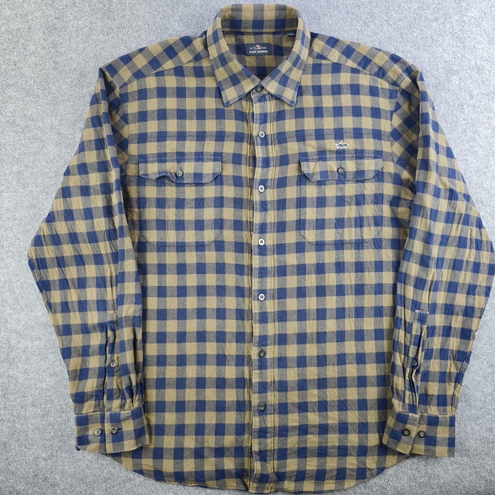 Fish Hippie Flannel Shirt Mens Large Blue Check Long Sleeve Button‎ Up Cotton